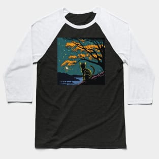 Tabby Cat Watching Fireworks over a Lake Baseball T-Shirt